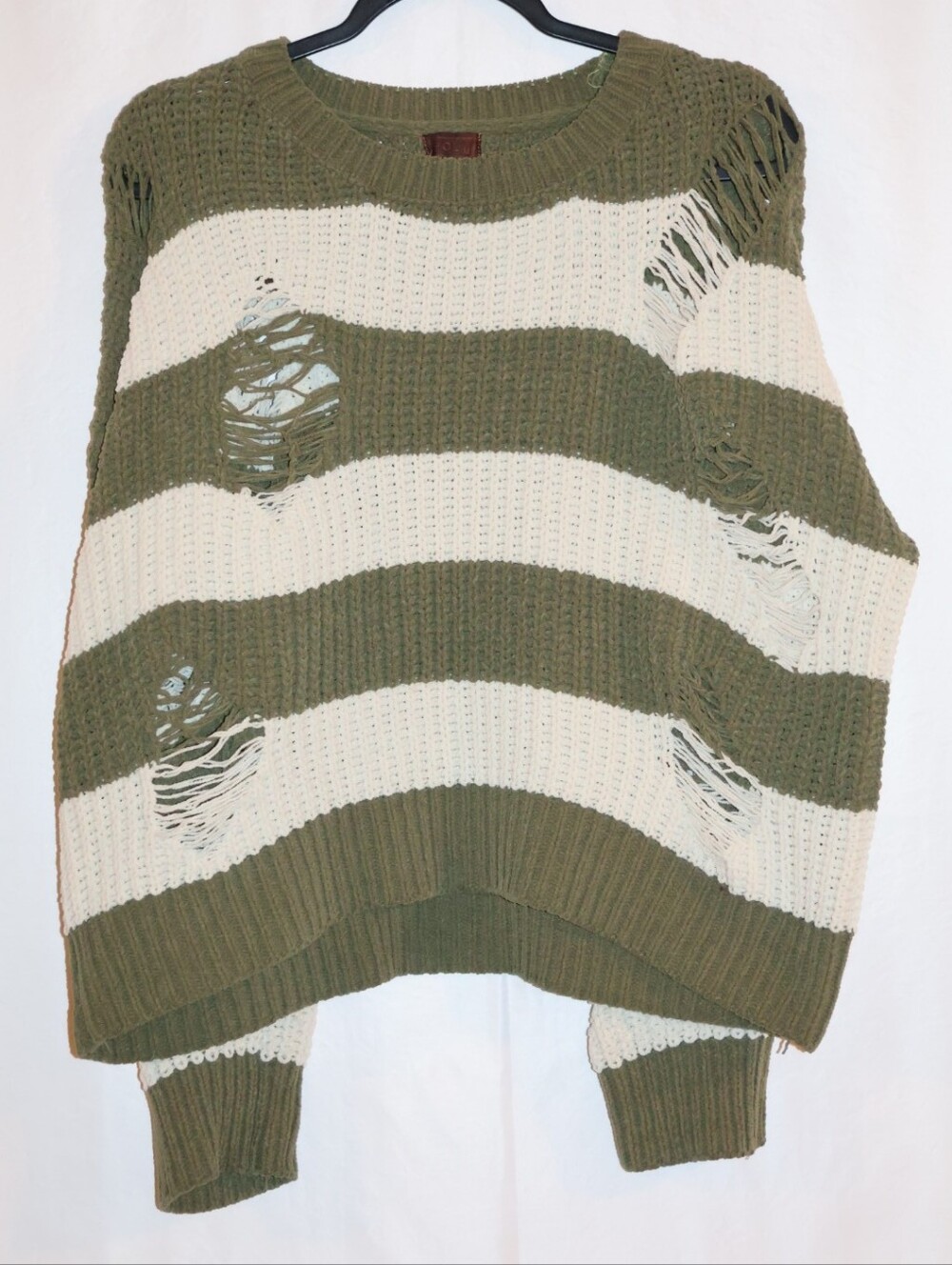 POL Olive Green and Cream Distressed Striped Knit Sweater. - Picture 3 of 13